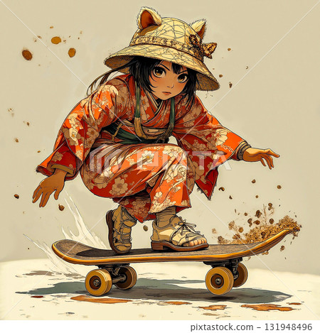 Playful kimono skater with cat hat. Young girl in a floral-patterned kimono skateboards dynamically, maintaining balance with bent knees and arms extended. Playful kimono skater with cat hat. Young girl in a floral-patterned kimono skateboards dynamically, maintaining balance with bent knees and arms extended. 131948496