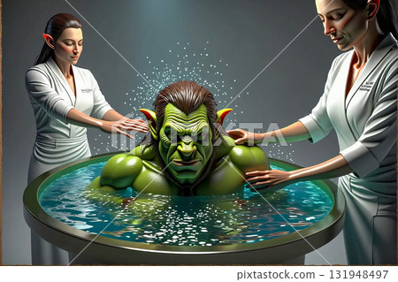 Orc's therapeutic soak with attendants. A fictional green-skinned orc enjoys a therapeutic soak in a circular water vessel, attended by two women with elf-like ears.  131948497