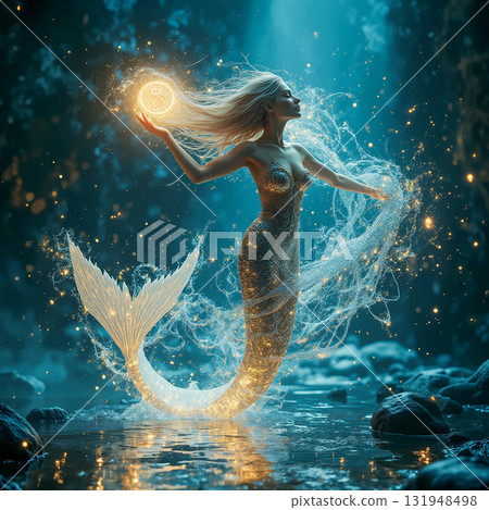 Enchanting mermaid with luminous orb. A mystical scene featuring a mermaid with flowing blonde hair, gracefully holding a glowing orb. Enchanting mermaid with luminous orb. A mystical scene featuring a mermaid with flowing blonde hair, gracefully holding a glowing orb. 131948498