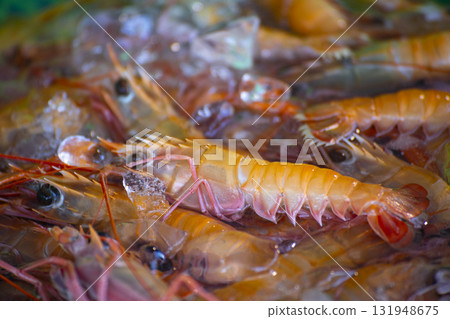 Seafood delicacies: traditional fish market shrimp 131948675