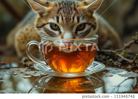 Detailed portrait of a cute cat with its muzzle in a cup of tea. A cat with a bright striped pattern looks warily straight into the frame, having stopped lapping up his tea. Detailed portrait of a cute cat with its muzzle in a cup of tea. A cat with a bright striped pattern looks warily straight into the frame, having stopped lapping up his tea. 131948748