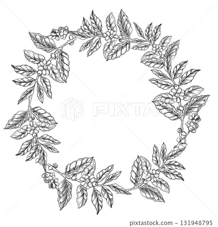 A wreath of coffee tree branches with ripe berries. A realistic coffee-themed vector illustration for product design, apparel printing, posters, and interior design. A wreath of coffee tree branches with ripe berries. A realistic coffee-themed vector illustration for product design, apparel printing, posters, and interior design. 131948795