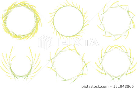 A frame set of rice plants with yellow rice grains and green ears arranged in a circle 131948866