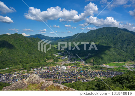 Takeda Castle, a castle in the sea of clouds. View of the castle town from the remains of the castle tower. Takeda Castle, a castle in the sea of clouds. View of the castle town from the remains of the castle tower. 131948919