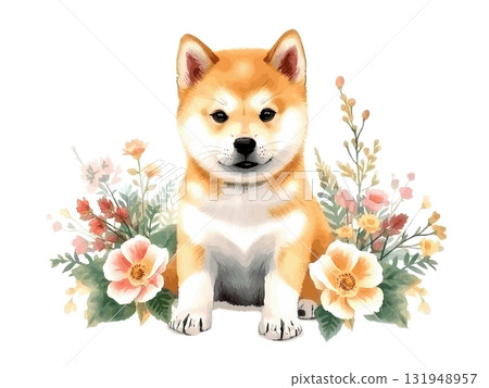 可愛的手繪柴犬和花朵插圖 131948957