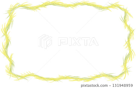 A rectangular frame surrounded by bunches of rice ears on a wavy line 131948959