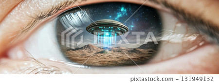 Closeup of human eye reflecting group of alien spaceships invading, conceptual background Closeup of human eye reflecting group of alien spaceships invading, conceptual background 131949132