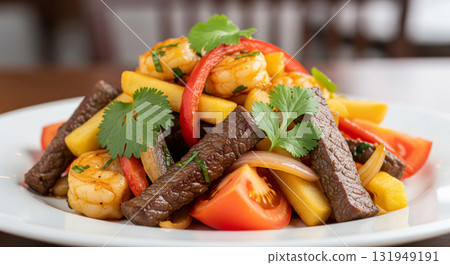 A mouth-watering, high-resolution photograph of a beautifully presented plate of Lomo Saltado A mouth-watering, high-resolution photograph of a beautifully presented plate of Lomo Saltado 131949191