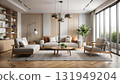A bright living room features a large window, hardwood floors, and modern 131949204