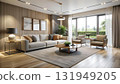The image portrays a modern living room with stylish furniture and a neutral color 131949205