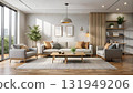 The image displays a living room with a neutral color palette and a modern, minimalist 131949206