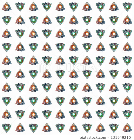 Repeating geometric shapes decorative arrangement. A series of repeating geometric shapes arranged in a grid with an orange and green core. 131949210