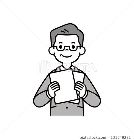 A simple upper body vector illustration of a middle-aged CEO holding documents and introducing them 131949281