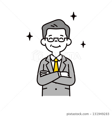 A simple upper body vector illustration of a male manager in his 60s or 70s smiling contentedly with his arms crossed 131949283