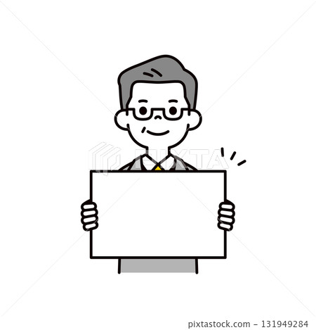 A simple upper body vector illustration of a middle-aged businessman holding a message board 131949284