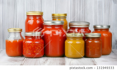 Glass jars filled with various spicy pepper sauces on wooden shelf, background 131949333