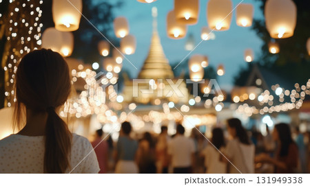 Lantern festival Yi Peng  with blurred temple and crowd at twilight, background 131949338