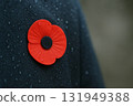 Red poppy symbolizing Armistice Remembrance Day on wet dark fabric 131949388