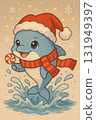 Cute anime dolphin wearing Christmas hat and scarf with candy 131949397