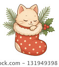 Cute anime cat in christmas stocking with festive greenery, background 131949398