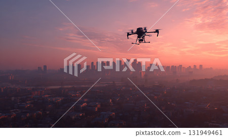 日落時分無人機飛越城市上空的輪廓 131949461