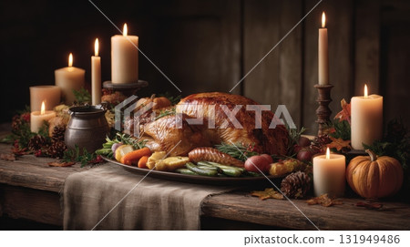 A cozy Thanksgiving dinner table with roasted turkey A cozy Thanksgiving dinner table with roasted turkey 131949486