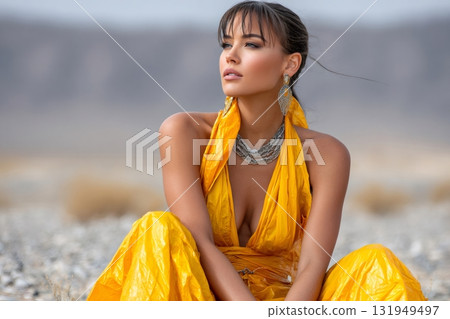 Fashion model posing in yellow dress in desert landscape 131949497