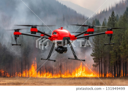 Firefighting drone monitoring wildfire burning forest 131949499