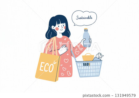 一位女士可持續購物(環保袋,我自己的瓶子) 一位女士可持續購物(環保袋,我自己的瓶子) 131949579