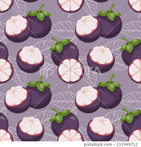 Seamless pattern with mangosteen. Exotic mangosteen fruit repeat design. Tropical fruit background. Seamless pattern with mangosteen. Exotic mangosteen fruit repeat design. Tropical fruit background. 131949712