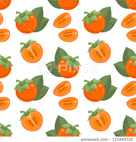 Vibrant seamless pattern with persimmon fruit and leaves on a white background. Tropical fruit background. Vibrant seamless pattern with persimmon fruit and leaves on a white background. Tropical fruit background. 131949720