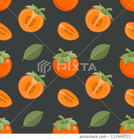 Vibrant seamless pattern with persimmon fruit and leaves on dark background. Tropical fruit background. Vibrant seamless pattern with persimmon fruit and leaves on dark background. Tropical fruit background. 131949722