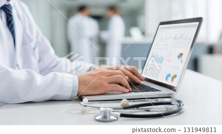 medical in a white coat with laptop 131949811