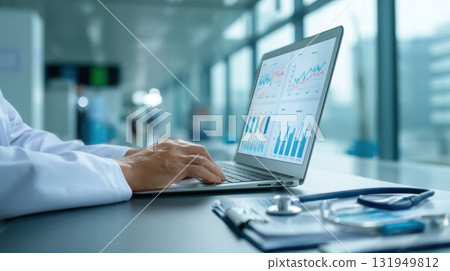 medical in a white coat with laptop medical in a white coat with laptop 131949812