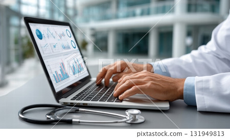 medical in a white coat with laptop 131949813