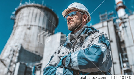 Industrial worker at power plant. Confident engineer wearing safety gear and standing in front of a large industrial structure on a bright day. 131950178