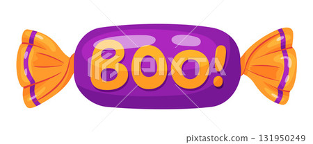 Halloween candy Boo! in bright wrapping. flat vector style. Halloween candy Boo! in bright wrapping. flat vector style. 131950249