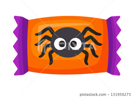 Halloween candy in bright wrapping with spider. flat vector style. Halloween candy in bright wrapping with spider. flat vector style. 131950273