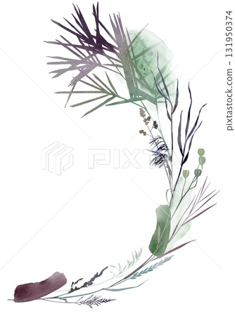 Watercolor boho autumn floral bouquet with dried leaves in earthy tones, wedding illustration 131950374