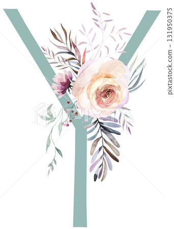 Light green letter Y with Watercolor pastel tender flowers and leaves, Baby shower isolated illustration 131950375