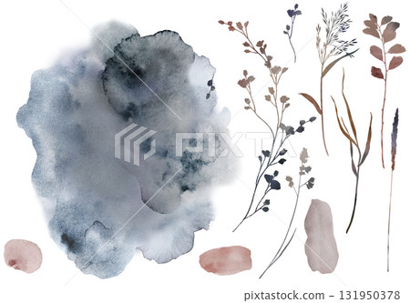 Watercolor dried leaves in brown and gray tones with spots, boho autumn wedding isolated illustration 131950378