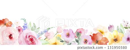 Border with Watercolor pink and yellow flowers and leaves, pastel wedding isolated illustration Border with Watercolor pink and yellow flowers and leaves, pastel wedding isolated illustration 131950380