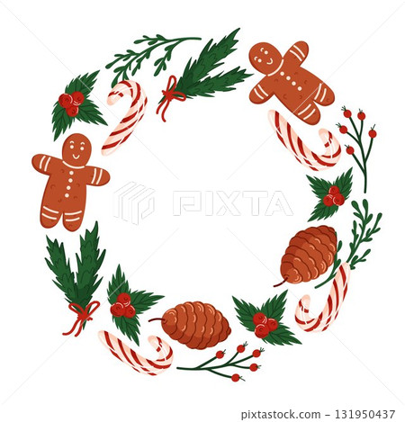 Festive circular wreath with of gingerbread man, candy cane, pine cone, holly berry and green branch on a white background. Christmas and winter design in flat style. 131950437