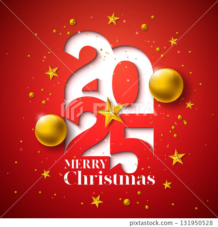 Merry Christmas and Happy New Year Greeting Card with Gold Ornamental Ball and 2025 Typography Number on Red Confetti Background. Vector Holiday Season Design with Decoration Elements for Banner 131950528