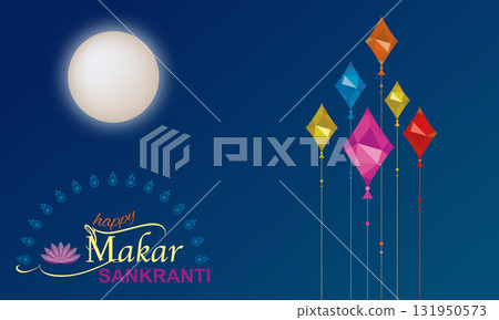 Happy Makar Sankranti Tradizional Indian Festival, group of colorful kites flying blue sky. Banner design, Hindu harvest holiday, celebrated at the winter solstice, vector illustration background Happy Makar Sankranti Tradizional Indian Festival, group of colorful kites flying blue sky. Banner design, Hindu harvest holiday, celebrated at the winter solstice, vector illustration background 131950573