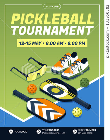 Modern pickleball competition poster with players and equipment in isometric cartoon style 131950582