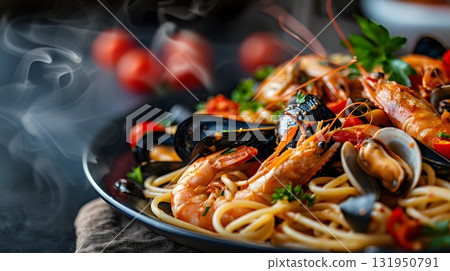 A steaming dish of seafood pasta filled with seafood 131950791