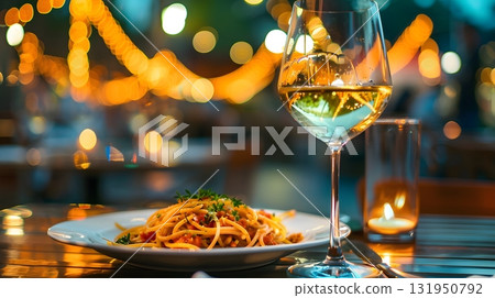 A romantic pasta dinner on an illuminated outdoor terrace 131950792