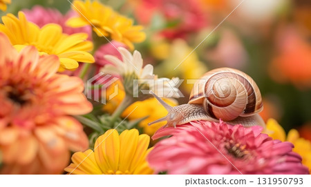 A snail slowly moves along a colorful flower 131950793