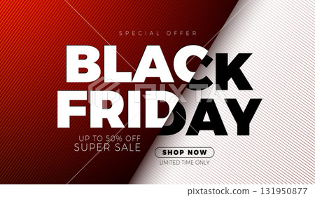 Black Friday Sale Shopping Day Banner with 3d Typography Lettering Red Background. Vector Black Friday Holiday Season Design for Discount Offer, Promotion Flyer, Advertising Poster, Fashion Ads and 131950877